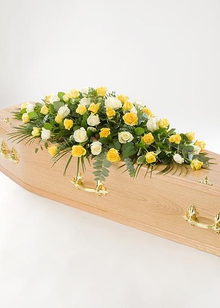 Casket Spray Double Ended white and lemon rose