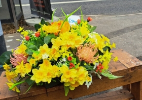 Yellow silk grave posy