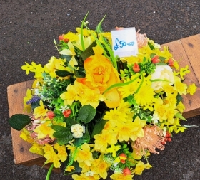 Yellow silk grave posy